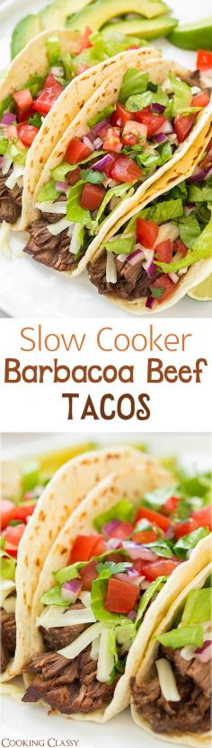 
                    
                        Slow Cooker Barbacoa Beef Tacos (Chipotle Copycat) - these are unbelievably delicious! My husband said they're his new favorite tacos!
                    
                