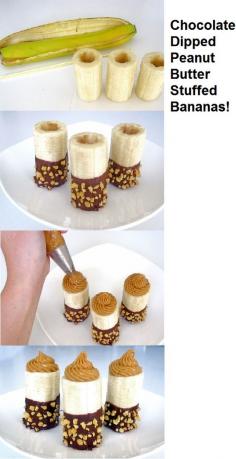 Chocolate Dipped Peanut Butter Stuffed Banana Bites =Yum! These Banana Bites Are A Really Fun Way To Serve An Ordinary Snack.     They Are A Great Treat For Kids (And Adults) - Filled With Healthy Ingredients, Disguised As A Dessert!  Click On Picture For Recipe...