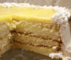 Lemon Truffle Cake Recipe | Recipe Girl Cake 2 1/4 c flour 1 2/3 c sugar 3 1/2 t baking powder 1 t salt 1 1/4 c milk 3/4 c butter 1 t vanilla  5 lg egg whites LEMON TRUFFLE FILLING: 3/4 c sugar 3 T cornstarch 1/4 t salt 1 c water 2 lg egg yolks 1 T butter 1/3 c lemon juice, freshly squeezed 1 t grated lemon zest 6 oz (1 c) chopped white chocolate or chips 1 (8 oz) package cream cheese WHIPPED CREAM FROSTING: 1 c whipping cream 3 T powdered sugar