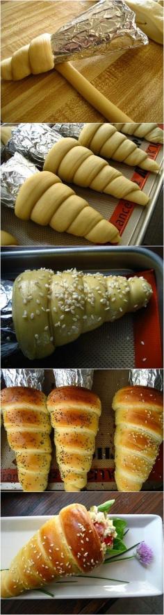 Great idea!  Bread Cones Recipe: Fill with Crab Salad, Chicken Salad, Egg Salad, Ham Salad, Tuna Salad, or Seafood Salad, Etc.... The possibilities are endless.