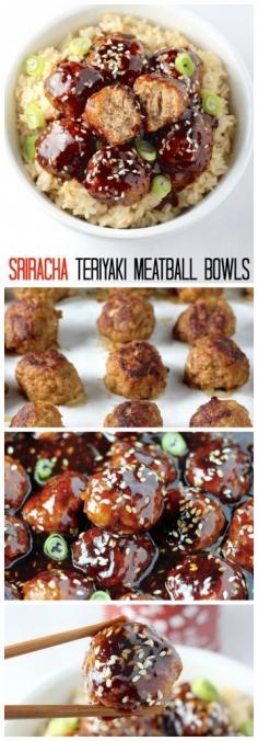 Healthy 30 Minute Sriracha Teriyaki Meatball Bowls - AMAZING flavor in just 30 minutes! Your whole family will love these meatball and rice bowls!
