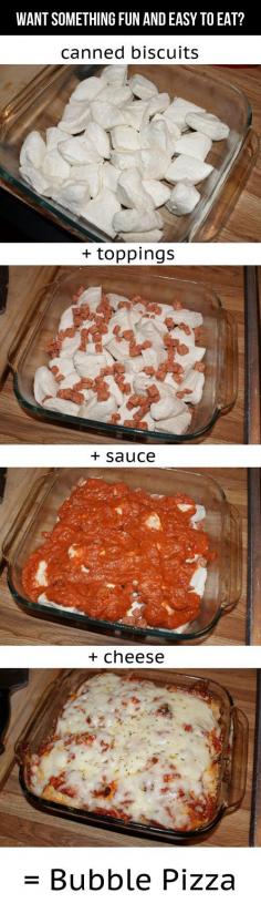 Bubble Pizza- 1 can pillsbury grand biscuits, 4oz mozzarella cheese, pepperoni (substitute sausage), oregano 8x8 dish 400 degrees for 25 mins but don't add the mozz til the last 5 mins--follow me (Hannah Hunter Seagraves) for more interesting pins, I follow back!! #follow #followme #followback #pizza #bubblepizza #cheese #pepperoni #sausage #sauce #yummy #dinner