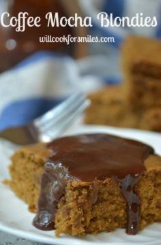 Coffee Mocha Blondies. Made with butter, dark brown sugar, egg, vanilla, baking powder, baking soda, flour, strong coffee, heavy cream, and hot fudge.