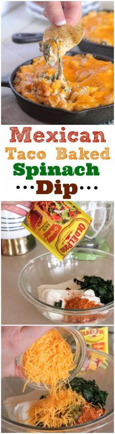 
                    
                        Mexican Taco Baked Spinach Dip!  Perfect party appetizer! #appetizer #recipe #partyfood
                    
                