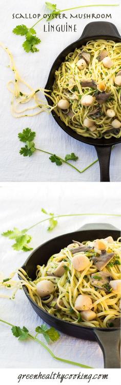 This Scallop Oyster Mushroom Linguine is a under 30-min prep time dish full of flavor and butter and lemon and cilantro and more butter!