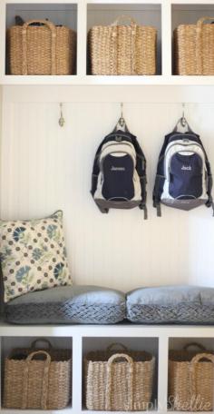 Mud Hall Makeover - Would you believe those are lumbar pillows as the seat cushions! Perfect alternative to making your own for sewing challenged people like me!