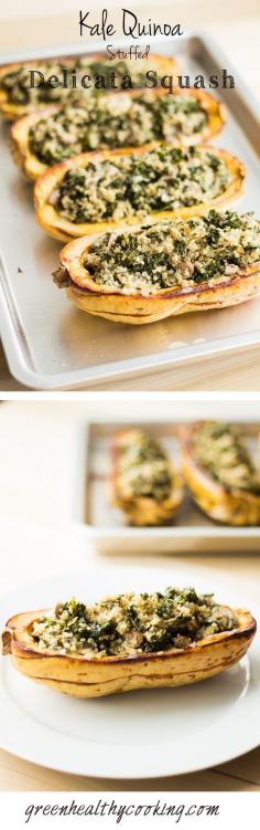 This vegan Kale Quinoa Stuffed Delicata Squash recipe is the perfect meatless dinner providing essential protein and iron and lots of Vitamin A and C.