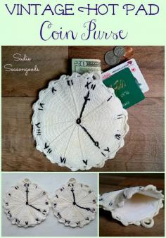Need a simple, cute, and perfectly functional coin purse to toss in your tote bags this summer? Stitch together two vintage hot pads and use Velcro for a secure closure. Low-sew and one-of-a-kind. Perfect to hold your ID, credit cards, and cash while you head to the beach! What a fun way to upcycle / repurpose crochet hot pads! #SadieSeasongoods