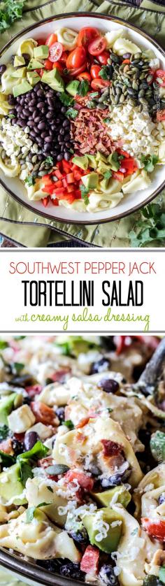Make ahead, favorite potluck Southwest Pepper Jack Tortellini Salad = cheesy pillows of tortellini, sweet corn, black beans, avocado, bell peppers, etc. bathed in Creamy Salsa Dressing and garnished with bacon, Pepper Jack, sunflower seeds. Oh my YUM! #tortellini #pastasalad #southwest #salad