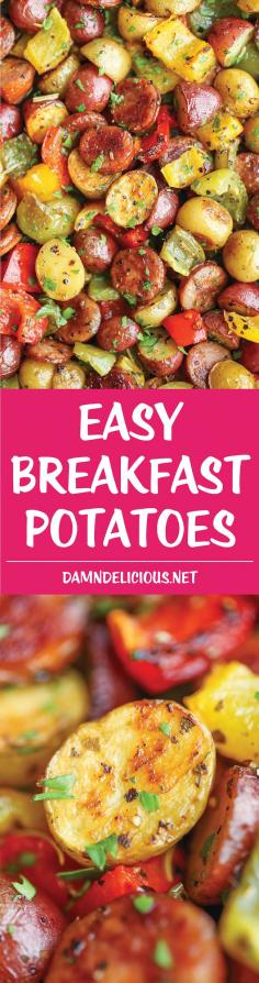 sausage bell peppers Easy Breakfast Potatoes - The BEST and EASIEST breakfast potatoes ever. No sautéing. No stirring. No fuss. Simply throw everything into the oven. That's it!