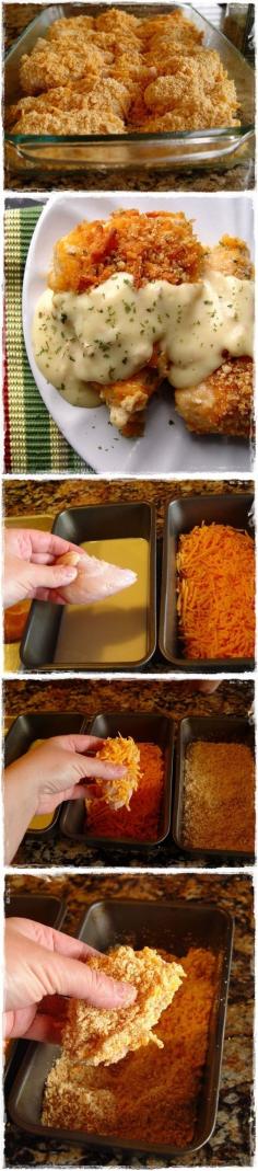 Crispy Chicken: 4 large chicken breasts 2 sleeves Ritz crackers 1/4 t salt 1/8 t pepper 1/2 C milk 3 C cheddar cheese, grated 1 t dried parsley Sauce: 1 10 ounce can cream of chicken soup 2 T sour cream 2 T butter