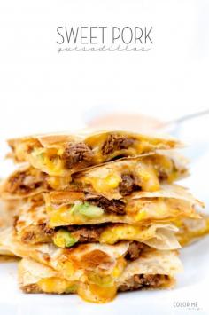 sweet pork quesadillas & spicy ranch ^^^ 1 1/2 C sweet balsamic pork, shredded 1 C sweet corn 1 small can diced green chili hot sauce  6 uncooked tortillas 2 cups shredded mexican cheese 1/2 cup ranch ^^^ cook tortillas one at a time, cover, and set aside. place cooked tortilla on skillet, cover with cheese, meat, corn, green chili, hot sauce, more cheese, and another tortilla. flip once crisped up. combine 2 Tbs of your favorite hot sauce with ranch dressing as a sauce.