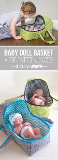 Baby Doll Basket Carrier... a PDF pattern, 3 sizes, plenty of pictures.Buy plus 3 patterns to GIVE AWAY! | via Make It and Love It