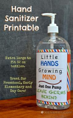 Free Hand Sanitizer Printable and More Great Back to School Ideas; Fits an extra large 32 oz bottle. Great for preschool, early elementary and day care! - Kenarry.com