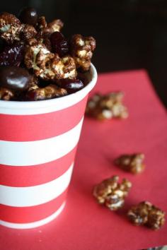 chocolate caramel corn with cranberries and almonds