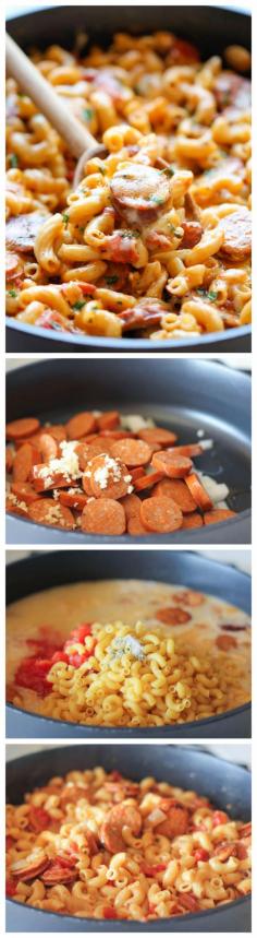 One Pot Andouille Sausage Skillet Pasta - This incredibly cheesy pasta dish easily comes together in less than 30 minutes in one skillet. Even the pasta gets cooked right in the pan!  Time 2 Eat