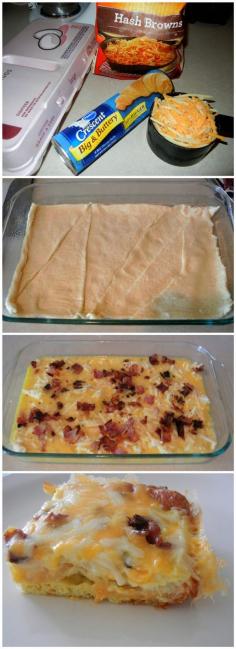 Easy Breakfast Casserole - crescent rolls, hash browns, eggs, bacon, & cheese New "wife saver" breakfast idea?
