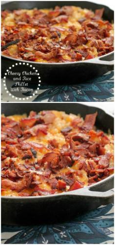 Cheesy Chicken and Rice Skillet with Bacon: .5lb cooked bacon, 4 T butter, 1/4 C flour, 1/2 t kosher salt, 1/4 t pepper, 1.5 C chicken broth, 2.5 C shredded cheddar, hot sauce, 2 C shredded cooked chicken, 4 C cooked rice.