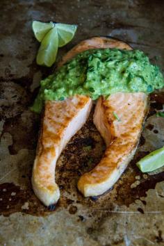 Broiled Salmon Steaks with Avocado Tomatillo Sauce #steak #salmon #avocado #fish