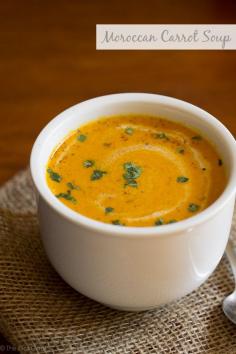 I made it but I also added Cauliflower (as i had some), cumin, chilli and fresh coriander root.  Moroccan Carrot Soup. This dairy free soup is made with coconut milk and seasoned with cinnamon, coriander, ginger and turmeric. 150 calories per serving.