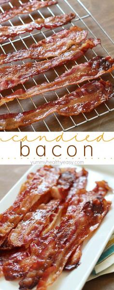 Brown Sugar Bacon aka Candied Bacon aka the Best Bacon EVER! This easy bacon is baked in the oven with a topping of brown sugar and pepper, and comes out sticky, sweet & savory. Absolutely drool-worthy!