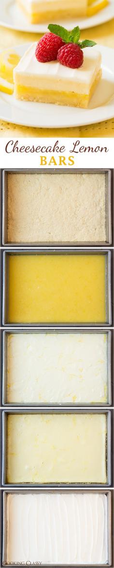 Cheesecake Lemon Bars - these are the ULTIMATE spring dessert! Lemon bars meets cheesecake. 4 layers of utter decadence and youre going to LOVE them!