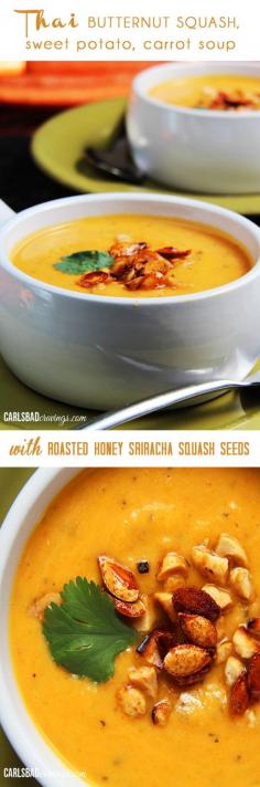 Mega creamy 3 tablespoons coconut oil 1 sweet onion, diced 1/4 cup red curry paste 1/4 tsp red pepper flakes 1 tbsp freshly grated ginger 8 garlic cloves, minced 3 cups uncooked butternut squash 1 large sweet potato, peeled, cut into 1”cubes 3 med carrots 4 cups stock 1 (14 oz.) can coconut milk 2 tsp fish sauce 1 tbsp dried basil 2 tbsp lime juice Sriracha/Asian hot chili sauce to taste Reserved butternut squash seeds 1 tbsp honey 1/2 tsp coconut oil 1/2 tsp Sriracha 1/4 tsp ground cumin