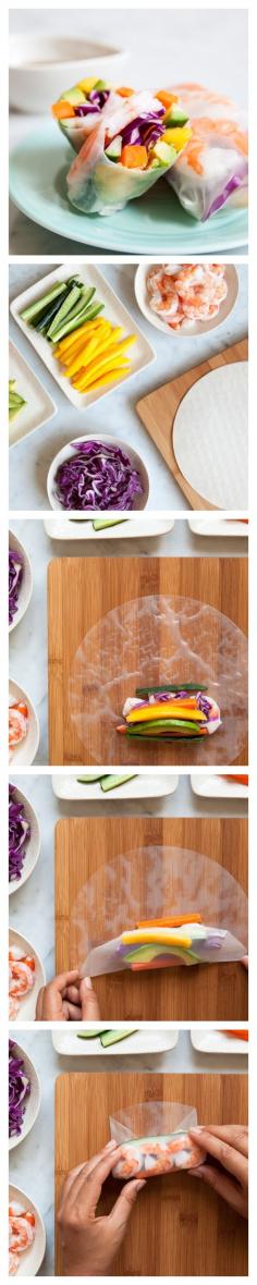 Healthy Recipe : Mango Shrimp Summer Roll ......... Ingredients : 1 avocado 1/2 mango 1 cucumber 1-2 peel carrots 1 cup of purple cabbage 18 cooked shrimp (deveined and tails off) 6-8 spring roll skins