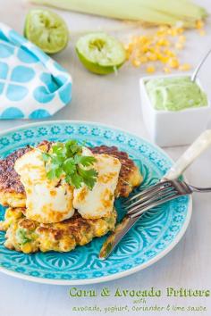 Corn and Avocado Fritters recipe with Avocado Yoghurt Coriander Lime Sauce | ledelicieux.com