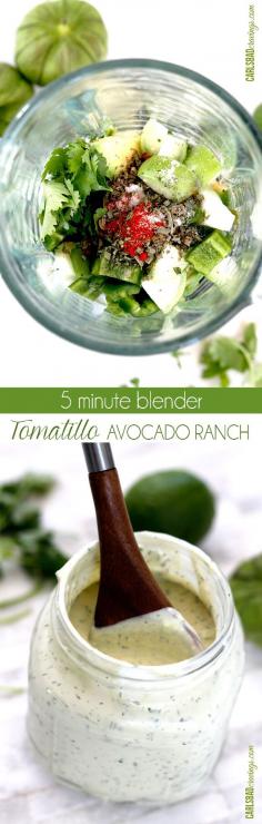 Tomatillo ranch - Tastes like it's from a restaurant but so easy. It's like creamy ranch with a Mexican flair added by the avocado, tomatillo, jalapeno, garlic, cilantro, lime and smoked paprika. .