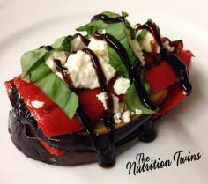 Ingredients: Oil in a spray container ¼ large eggplant 1 large red bell pepper, sliced into four pieces, lengthways 2 T. non-fat feta 2 T. basil, freshly chopped 2 T. balsamic glaze Directions: Slice eggplant into four, ¼-inch thick slices. Slice the red pepper into 4 large pieces. Spritz both sides of the eggplant and pepper with the oil in the spray jar. Place them on to the grill (you can use a Panini maker if you don’t have a grill, or roast them in the oven Allow them to soften and char. Grill each side for about 5 minutes are until char marks start to appear. After all vegetables are cooked, place a layer of eggplant on two separate plates. Layer each eggplant slice with a piece of red pepper, then eggplant, and lastly a red pepper. Place one tablespoon of feta on top of the each red pepper and top each off with 1 tablespoon of basil. Drizzle one tablespoon of balsamic glaze over the top of each veggie sandwich and enjoy!