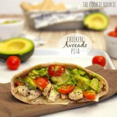 Chicken Avocado Pitas Recipe Lunch and Snacks with rotisserie chicken, avocado, greek style plain yogurt, cilantro, garlic salt, cherry tomatoes, swiss cheese, lemon, whole wheat pita pockets, extra-virgin olive oil
