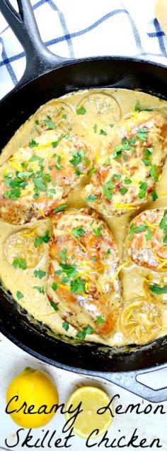 Creamy Lemon Skillet Chicken. This is a great skillet recipe thats quick and easy enough for a weeknight meal and special enough to serve to company! The sauce is so delicious, you should think of doubling it!!!  #maincourse #recipe #dinner #lunch #recipes