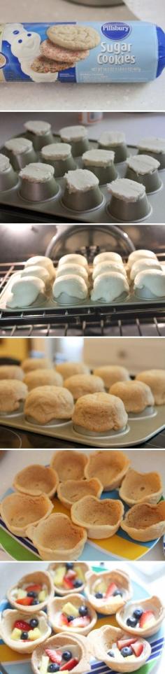Sugar Cookie Fruit Bowls - 86 premade cookie dough, sub homemade cookie dough....mini fruit pizzas?