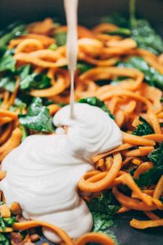 
                    
                        Creamy Spinach Sweet Potato Noodles + Cashew Sauce! Creamy cashew sauce = the best thing ever. Vegan, vegetarian, gluten free. | pinchofyum.com
                    
                