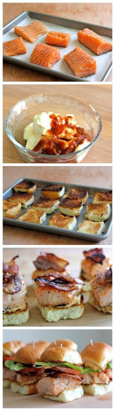 Salmon BLT Sliders with Chipotle Mayo - Loaded sliders with baked salmon and crisp bacon smothered in chipotle mayo, perfect for game day!  turkey bacon of course!