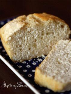 Beer Bread recipe- Only four ingredients and in less than an hour and you have delicious homemade bread! 3 cups self-rising flour  1/3 cup sugar  1 can of beer  1/4 cup butter, melted    Stir together self-rising flour, beer and sugar. Pour into a loaf pan. Bake 25 minutes. Remove from oven, slit the top and pour the butter over the bread. Bake another 20-25 minutes until golden brown.  www.skiptomylou.org
