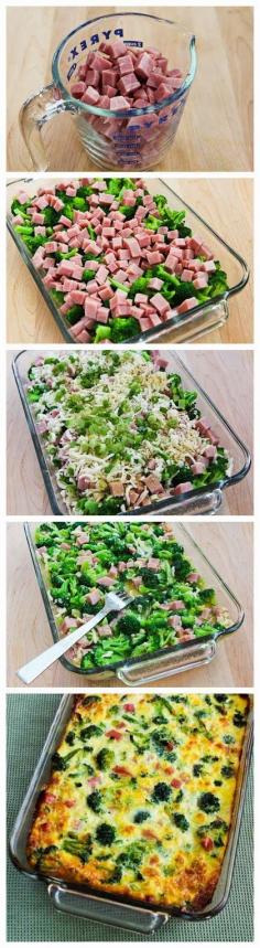 Broccoli, Ham, and Mozzarella Baked with Eggs Ingredients: 4-6 cups very small broccoli flowerets, blanched about 2 minutes, then drained well. 1-2 cups diced ham (1/2 - 1 lb.) 1 cup low-fat grated Mozzarella 1/3 cup thinly sliced green onion (optional, but good) 8-10 eggs, well beaten Spike Seasoning (or other all-purpose seasoning blend) to taste (I use about 1 tsp.) fresh-ground black pepper, to taste low-fat sour cream, for serving (optional) Heat oven to 375F. Layer broccoli, ham, Mozzarella, and green onions. Season with Spike Seasoning and fresh-ground black pepper and pour beaten egg over. Use a fork to "stir" the mixture just until all the ingredients are coated with egg. Bake 35-45 min