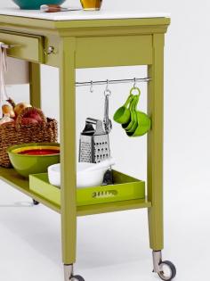Console table. DIY Kitchen Island : Color and Casters  The entire table was primed and then painted with a semigloss latex, which can be wiped down in case of food splatters. After it dried, casters were added to the bottom of each leg. (Paint Color: Edamame by HGTV HOME by Sherwin-Williams)