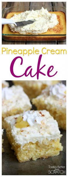 Pineapple Cream Cake is my favorite summer cake! Recipe from TastesBetterFromScratch.com