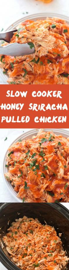 Slow Cooker Honey Sriracha Pulled Chicken - Moist and tender with a crazy delicious sauce! Perfect if you love honey sriracha wings - the flavor is almost identical! Makes the perfect pulled chicken sandwich and pulled chicken tacos!