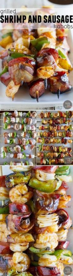 Heat that grill up for these Grilled Shrimp and Sausage Kabobs - with lots of veggies, sausage, shrimp and bacon, all covered in a sticky sweet glaze.