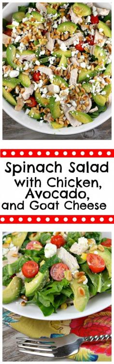 Spinach Salad with Chicken, Avocado and Goat Cheese.  I LOVE this salad- it has been pinned over 100,000 times, and it's a big time favorite recipe on RecipeGirl.com.
