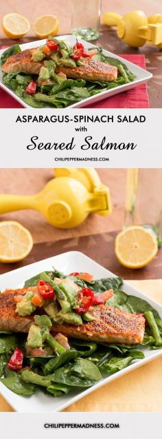 Asparagus Spinach Salad with Seared Salmon topped with an Avocado Salad from http://ChiliPepperMadness.com