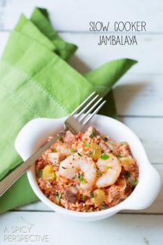 Slow Cooker Jambalaya My oldest crockpot recipe, Slow Cooker Jambalaya, is perfect for busy days… No matter where you stand on slow cooking, this is a marvelous jambalaya recipe. Herby, spicy, tomatoey rice speckled with chunks of ham and juicy shrimp. It is so satisfying and ridiculously easy to make, it deserves to go on the weekly/monthly menu.
