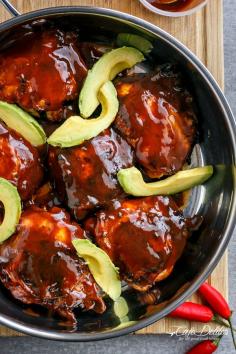
                    
                        Barbecue Buffalo Chicken Thighs with Avocado
                    
                