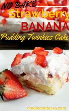 No Bake Strawberry Banana Pudding Twinkies Cake-Creole Contessa #recipe