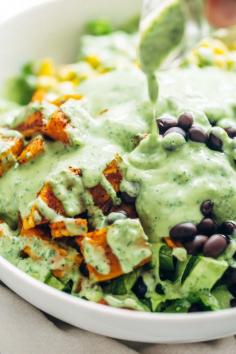 Cilantro Avocado Dressing - so easy and it goes on anything! made with simple ingredients like cilantro, avocado, Greek yogurt, garlic, and lime juice. LOVE! | pinchofyum.com Like green sauce!