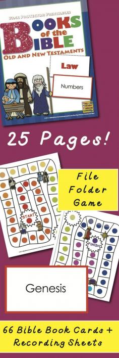 Practice the order of the 66 Books of the Bible with a Page Protector Printable product! Includes 66 book cards, file folder game, recording sheets for review/test and answer key. $
