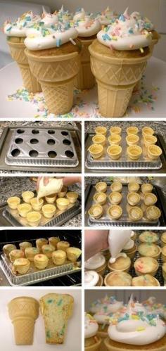 Cone Cupcakes! (tutorial credit) Yes they look like ice cream cones but NO they’re really cupcakes! too cute! I first saw these being made on the Martha Stewart Show… I posted the video tutorial here but this picture montage is really handy too! all you need is your favorite cupcake recipe stick it in cones and bake them IN THE CONES! loooooove! #cupcake #cones #diy